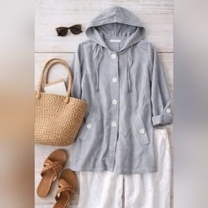 JNY Jones New York Linen Blend Hooded Jacket 1X Nautical Stripe
